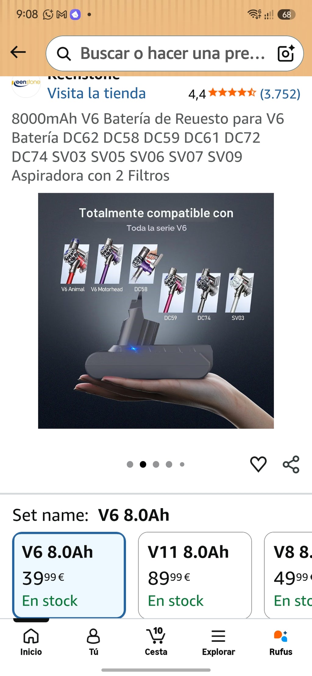 Batería para Dyson V6 / DC58 (6000 mAh) + 2 Filtros Nuevos